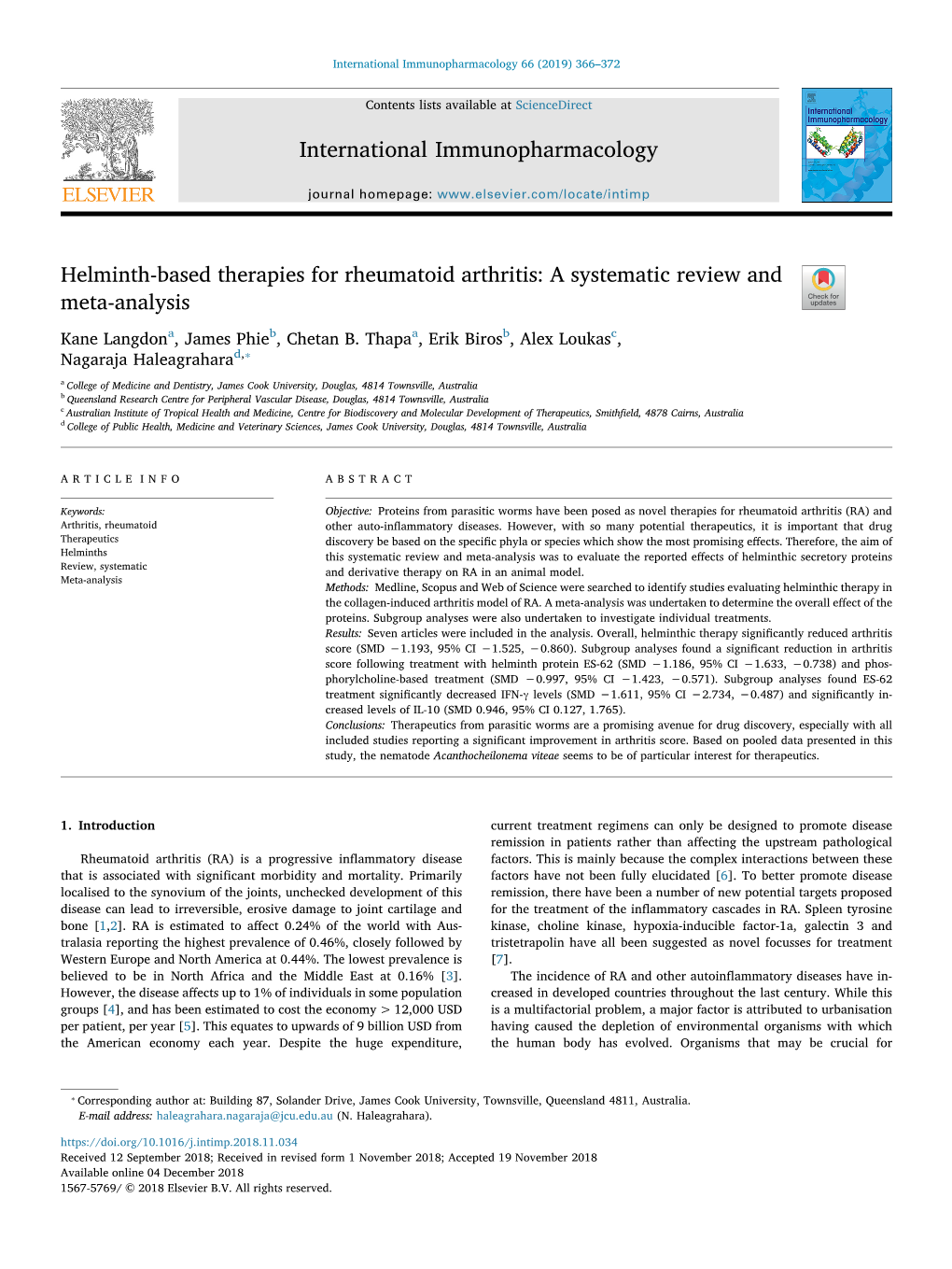 Helminth-Based Therapies for Rheumatoid Arthritis a Systematic