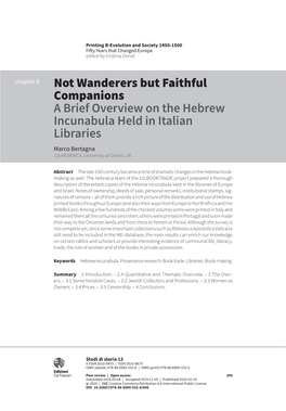 Not Wanderers but Faithful Companions a Brief Overview on the Hebrew Incunabula Held in Italian Libraries Marco Bertagna 15Chebraica, University of Oxford, UK