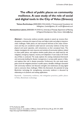 The Effect of Public Places on Community Resilience. a Case Study of the Role of Social and Digital Tools in the City of Volos (Greece)