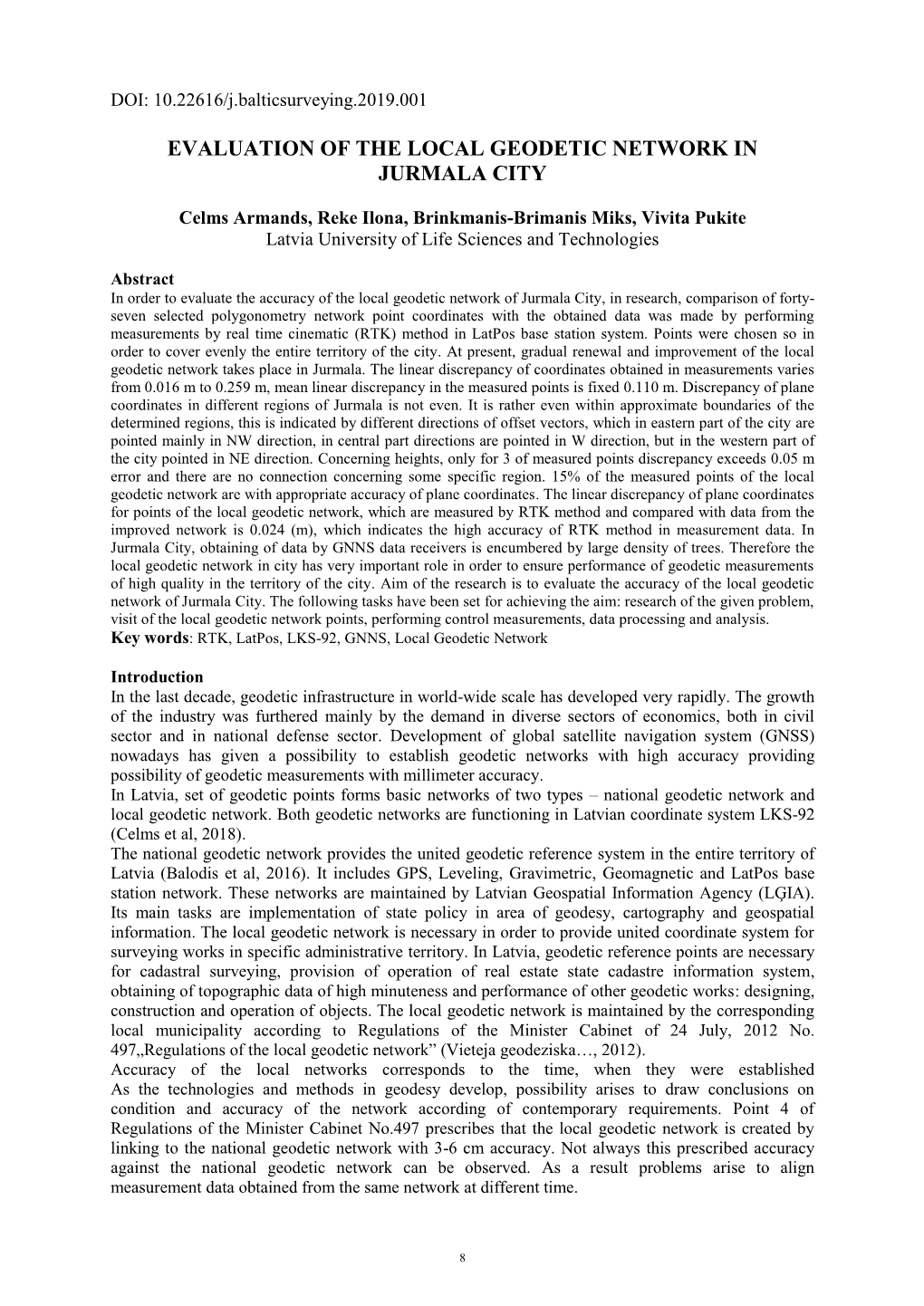 Evaluation of the Local Geodetic Network in Jurmala City