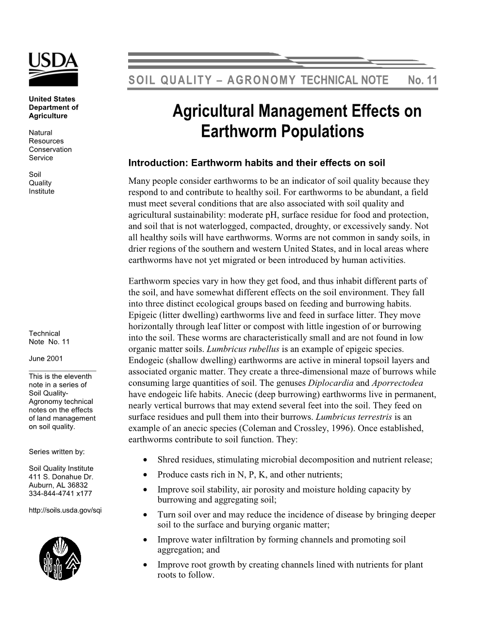 Agricultural Management Effects on Earthworm Populations