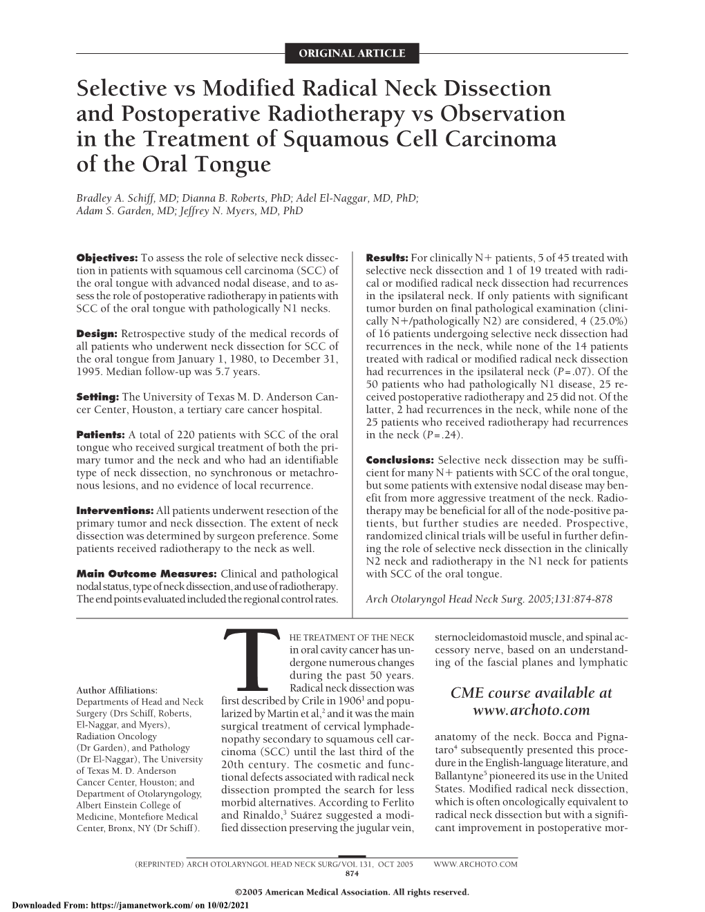 Selective Vs Modified Radical Neck Dissection and Postoperative Radiotherapy Vs Observation in the Treatment of Squamous Cell Carcinoma of the Oral Tongue