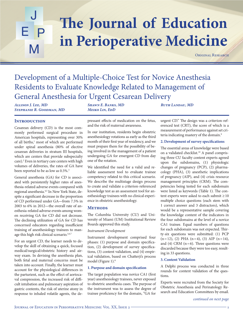 The Journal of Education in Perioperative Medicine