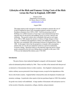 Lifestyles of the Rich and Famous: Living Costs of the Rich Versus the Poor in England, 1209-1869