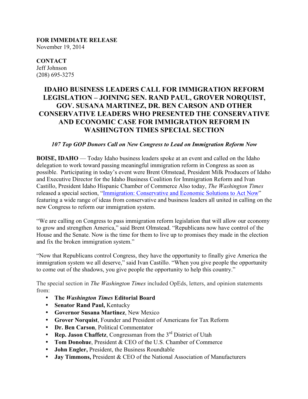 Idaho Business Leaders Call for Immigration Reform Legislation – Joining Sen