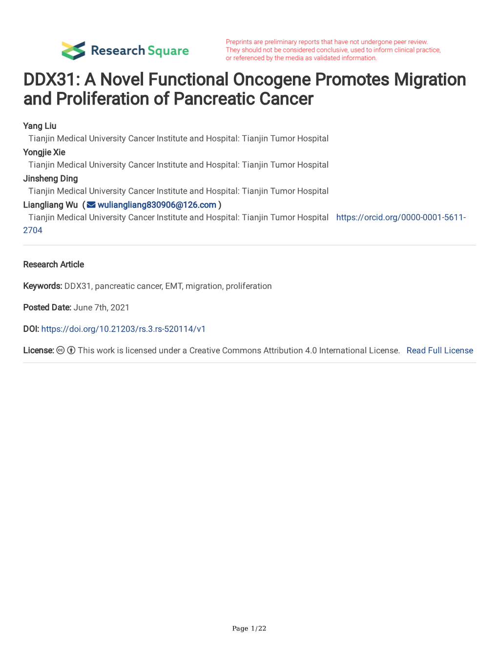 DDX31: a Novel Functional Oncogene Promotes Migration and Proliferation of Pancreatic Cancer