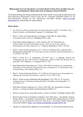 Bibliographie Der in Der Datenbank Verwendeten Briefe Ludwig Tiecks Mit Hinweisen Auf Seinen Buchbesitz, Bücherkäufe Und -Bestellungen (Stand 22.08.2018)