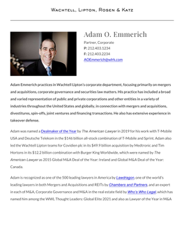 Adam O. Emmerich Partner, Corporate P: 212.403.1234 F: 212.403.2234 Aoemmerich@Wlrk.Com