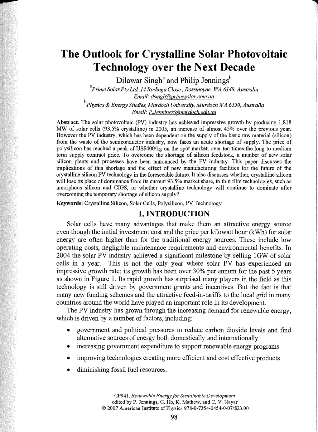 The Outlook for Crystalline Solar Photovoltaic Technology Over the Next Decade