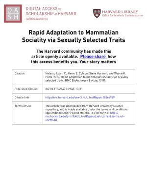 Rapid Adaptation to Mammalian Sociality Via Sexually Selected Traits
