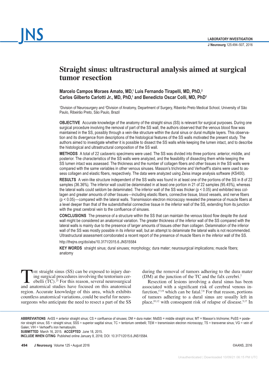 Straight Sinus: Ultrastructural Analysis Aimed at Surgical Tumor Resection