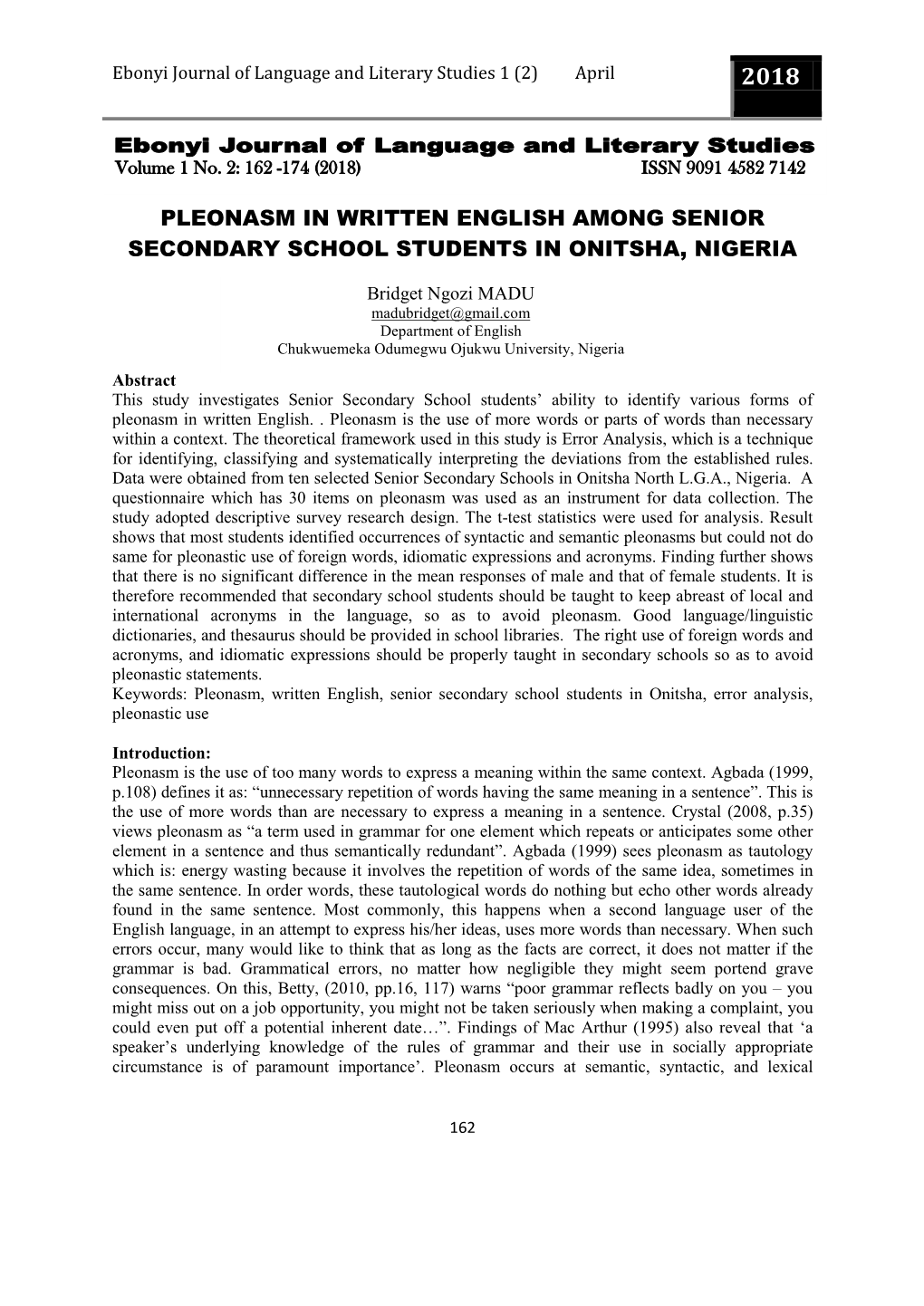 Pleonasm in Written English Among Senior Secondary School Students in Onitsha, Nigeria