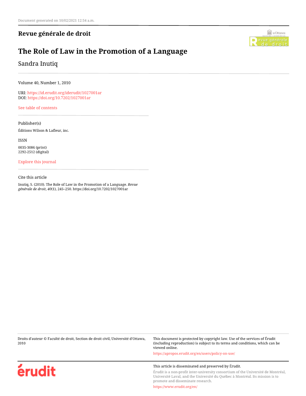 The Role of Law in the Promotion of a Language Sandra Inutiq