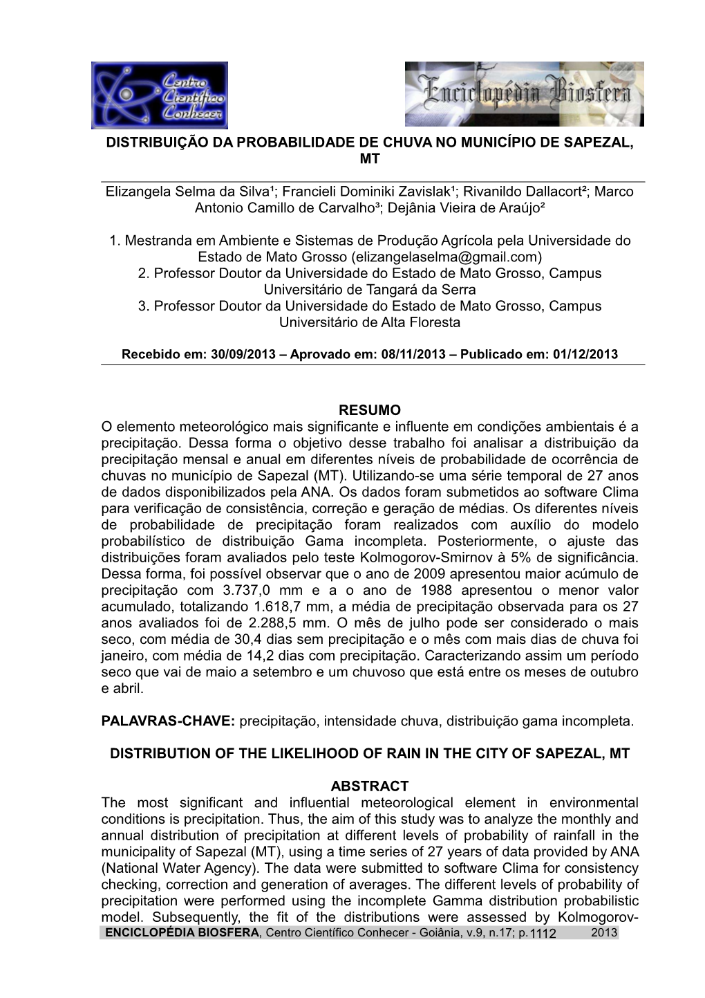 Distribuição Da Probabilidade De Chuva No Município De Sapezal, Mt