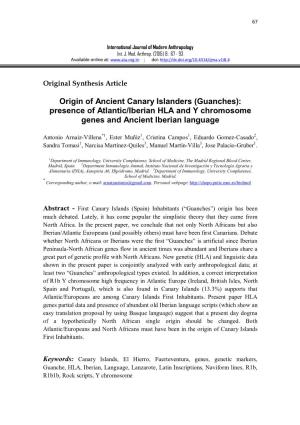 Origin of Ancient Canary Islanders (Guanches): Presence of Atlantic/Iberian HLA and Y Chromosome Genes and Ancient Iberian Language