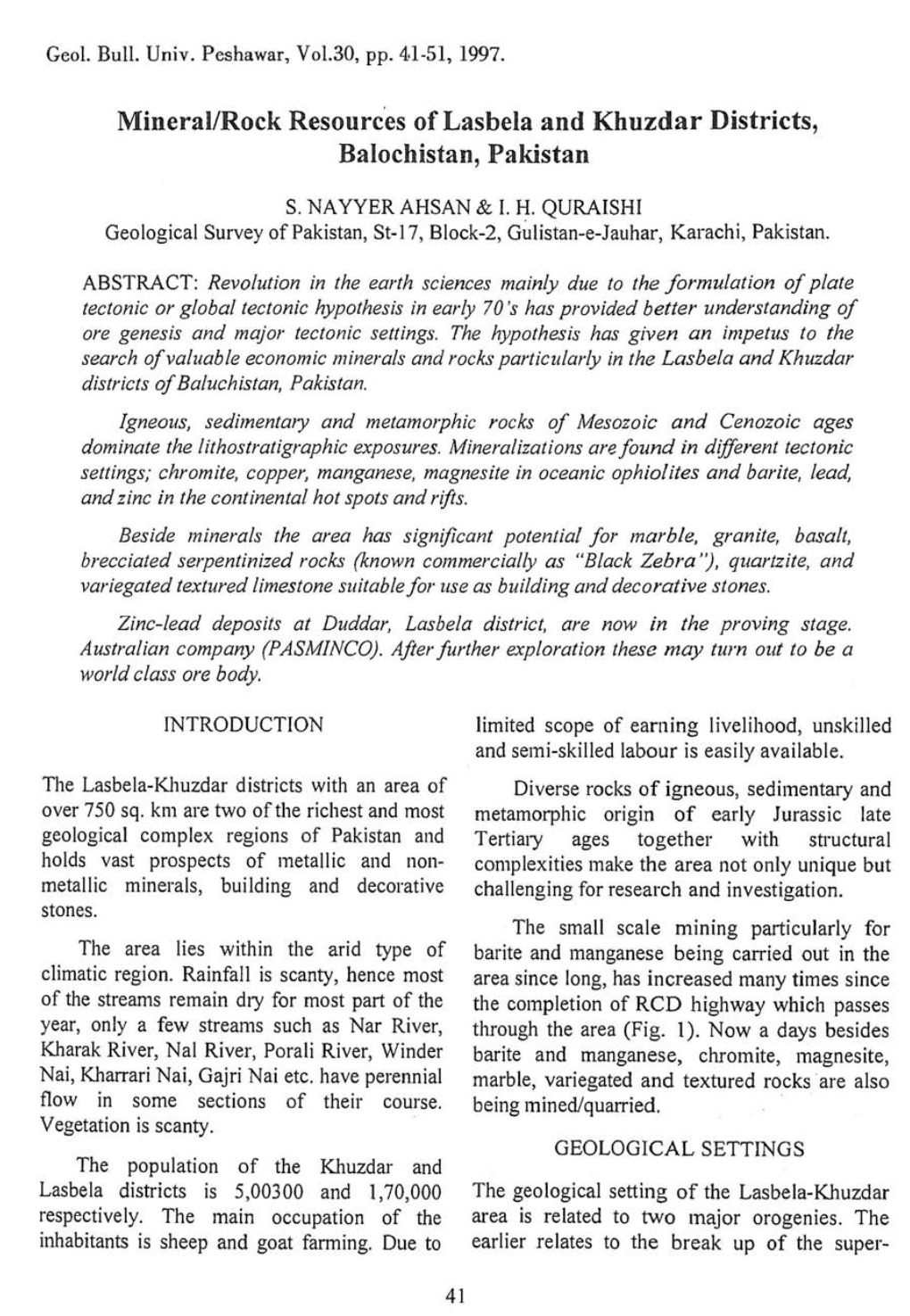 Mineral-Rock Resources of Lasbela and Khuzdar Districts