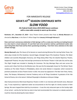 SLOW FOOD ESL Federal Credit Union 2019-2020 Season Continues with a Crave-Able Comedy to Warm up the Winter