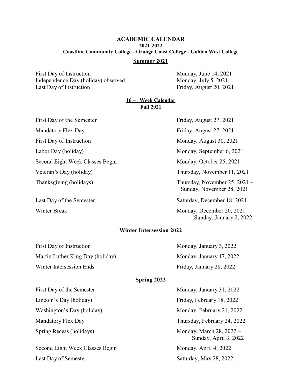 Academic Calendar 2021-22