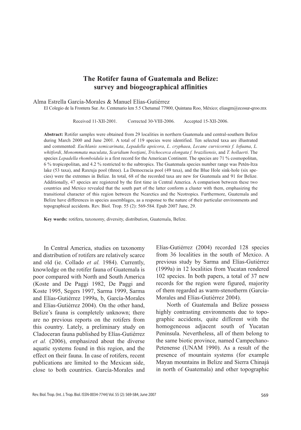 The Rotifer Fauna of Guatemala and Belize: Survey and Biogeographical Affinities