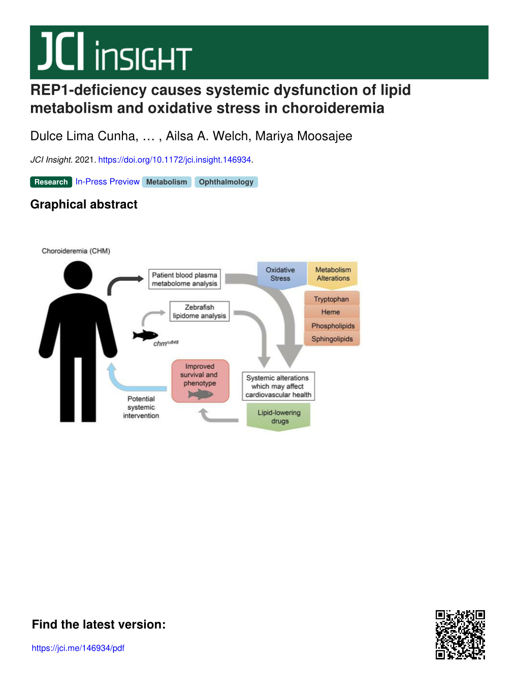 REP1-Deficiency Causes Systemic Dysfunction of Lipid Metabolism and Oxidative Stress in Choroideremia