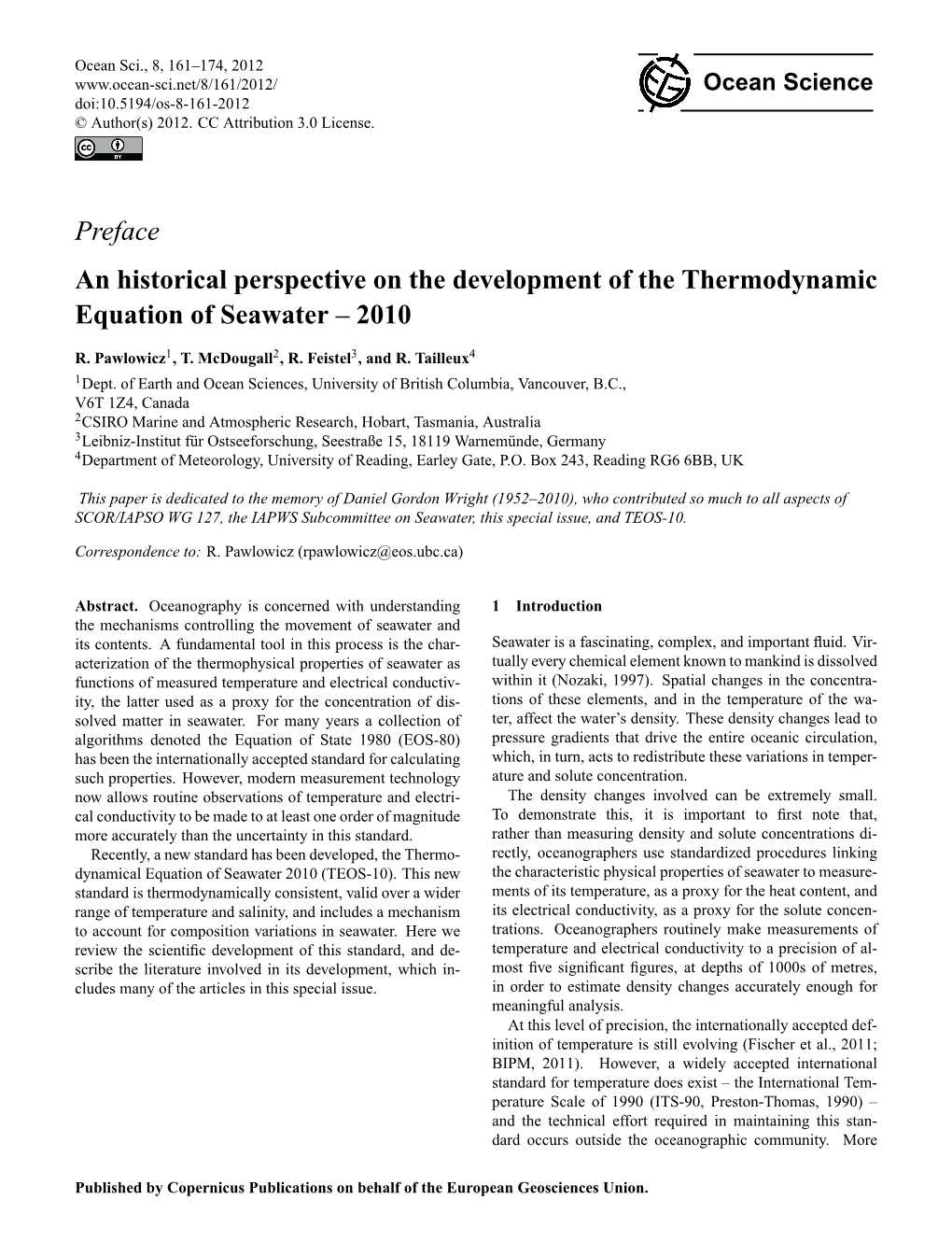 Preface an Historical Perspective on the Development of the Thermodynamic Equation of Seawater – 2010