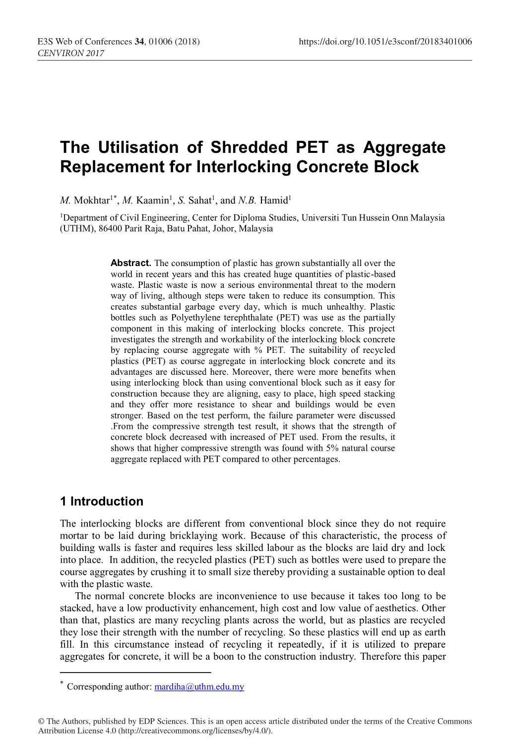 The Utilisation of Shredded PET As Aggregate Replacement for Interlocking Concrete Block