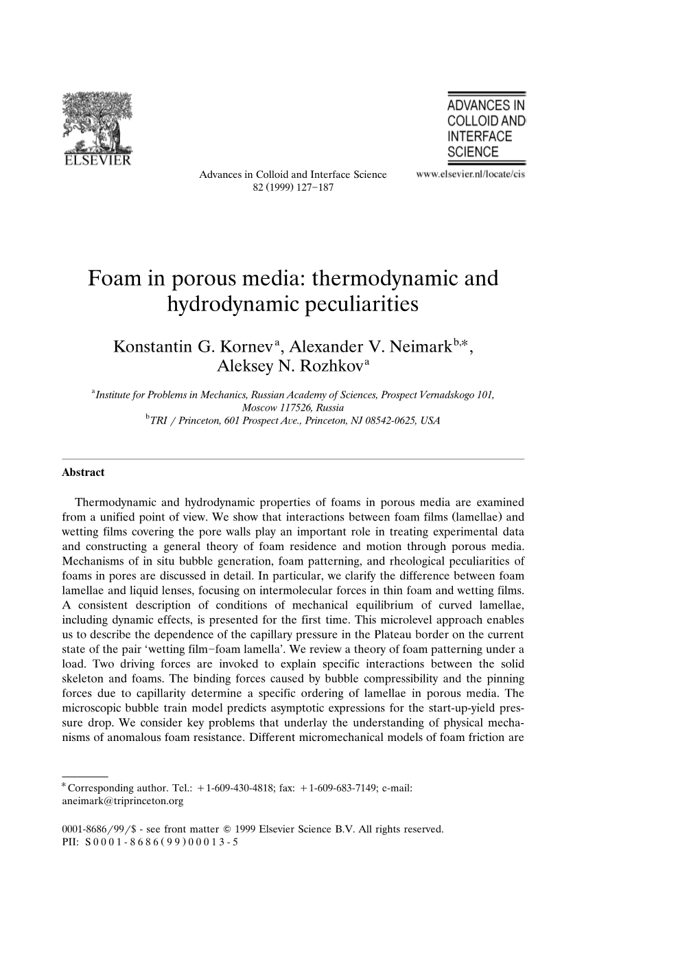 Foam in Porous Media: Thermodynamic and Hydrodynamic Peculiarities