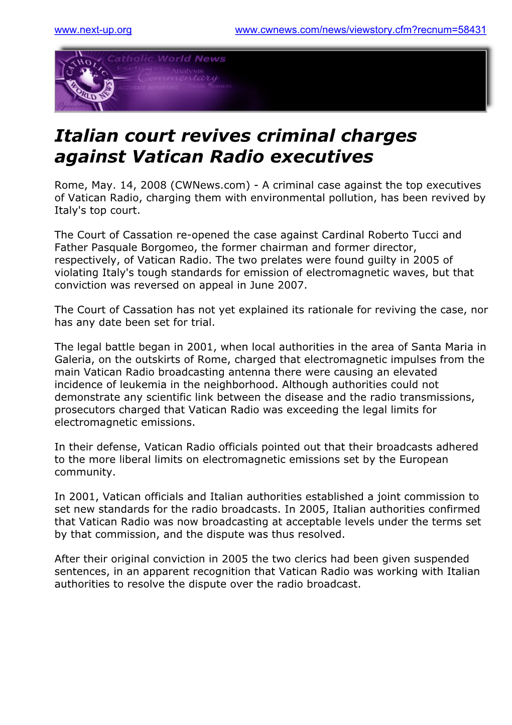 Italian Court Revives Criminal Charges Against Vatican Radio Executives