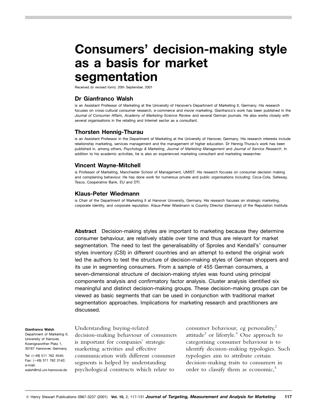 Consumers' Decision-Making Style As a Basis for Market Segmentation