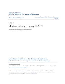 Montana Kaimin, February 17, 2012 Students of the Niu Versity of Montana, Missoula