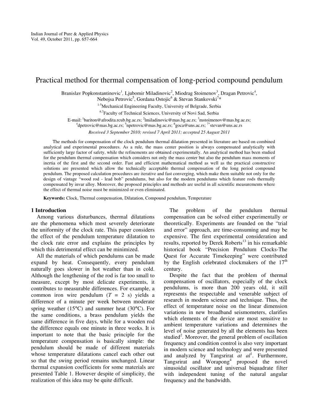 Practical Method for Thermal Compensation of Long-Period Compound Pendulum