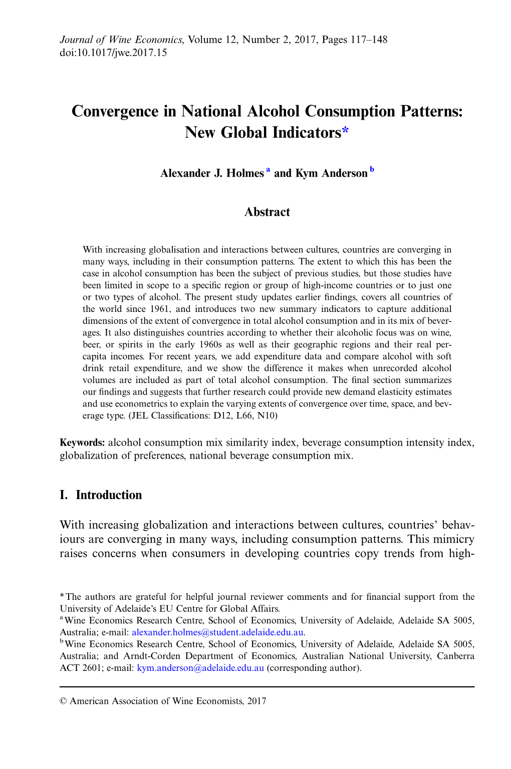 Convergence in National Alcohol Consumption Patterns: New Global Indicators*