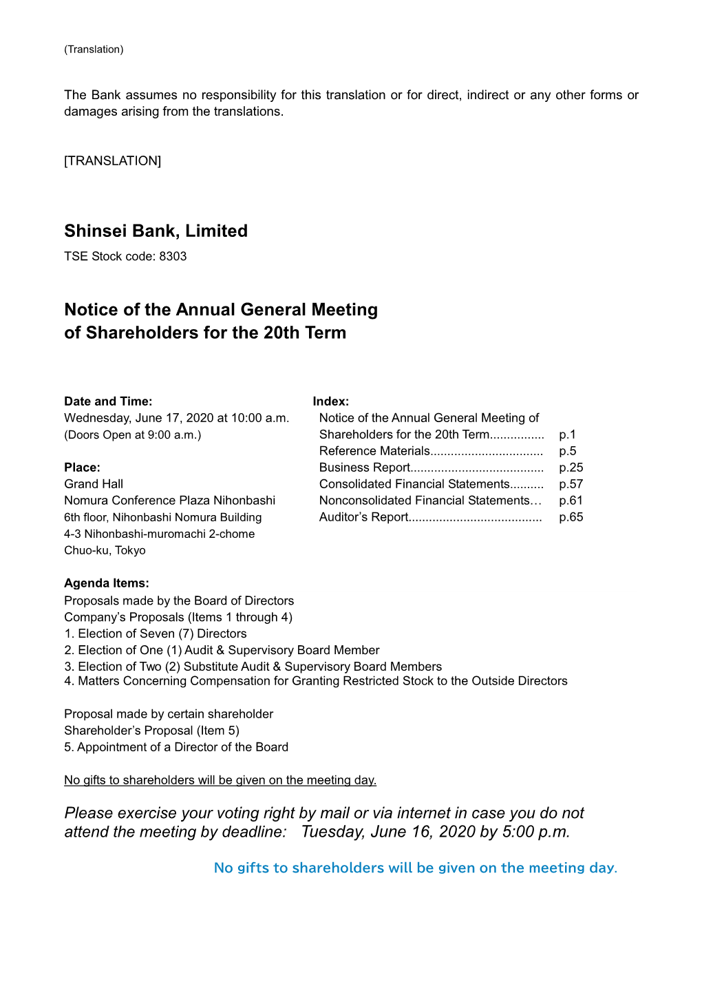 Shinsei Bank, Limited Notice of the Annual General Meeting Of