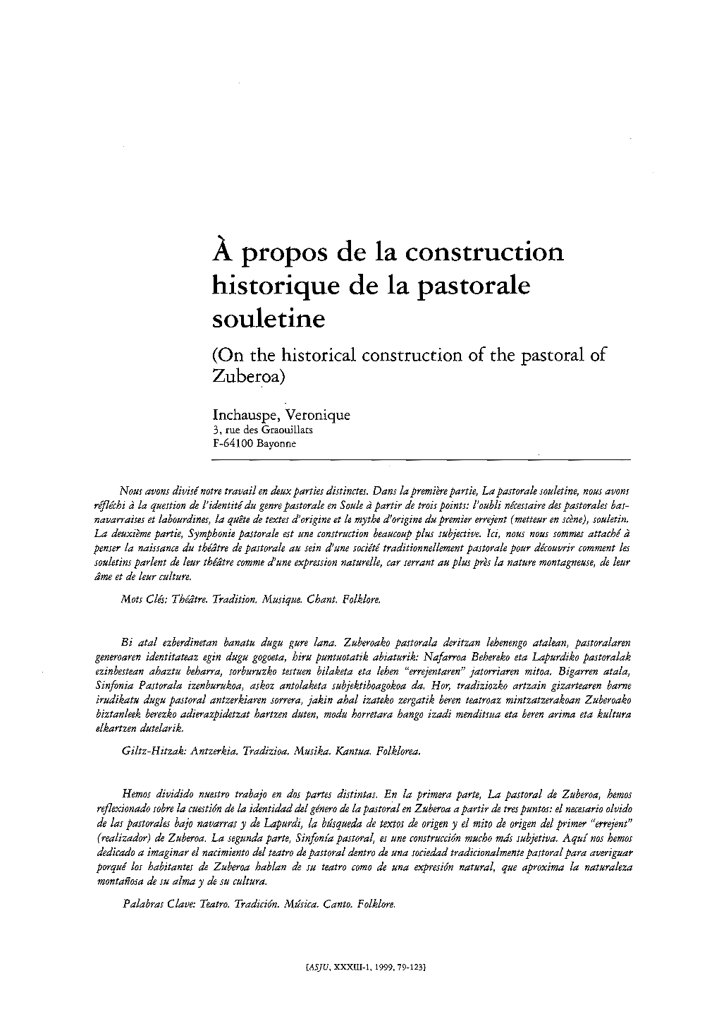 Apropos De La Construction Historique De La Pastorale Souletine (On the Historical Construction of the Pastoral of Zuber,Oa)
