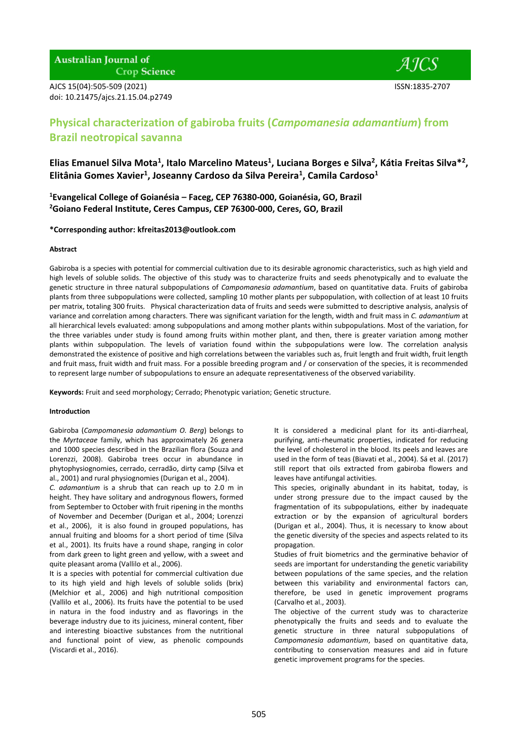 Physical Characterization of Gabiroba Fruits (Campomanesia Adamantium) from Brazil Neotropical Savanna