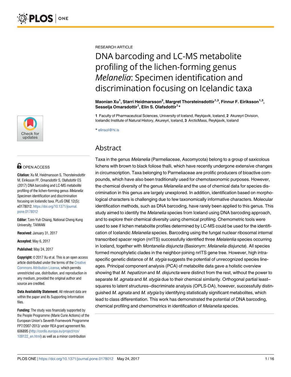DNA Barcoding and LC-MS Metabolite Profiling of the Lichen-Forming Genus Melanelia: Specimen Identification and Discrimination Focusing on Icelandic Taxa