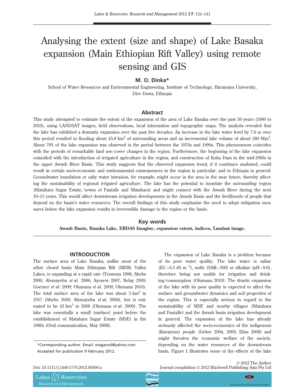 Analysing the Extent (Size and Shape) of Lake Basaka Expansion (Main Ethiopian Rift Valley) Using Remote Sensing and GIS