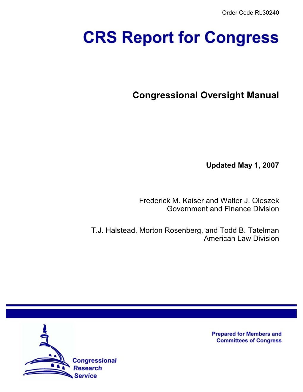 Congressional Oversight Manual, Report for Congress RL30240