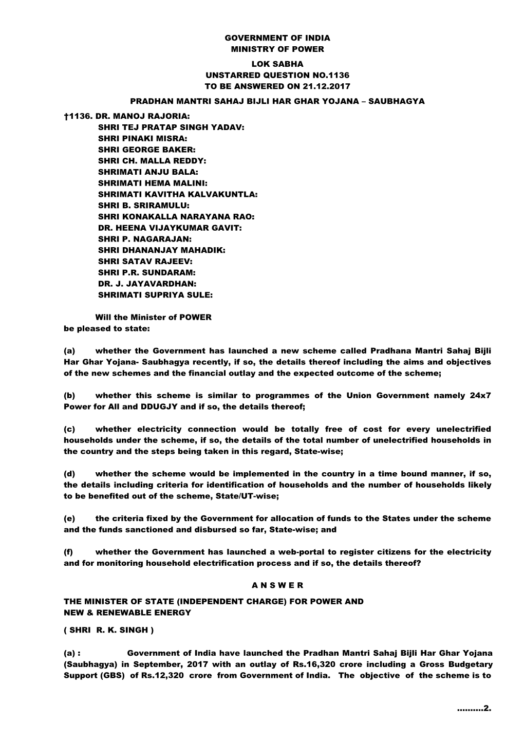 Government of India Ministry of Power Lok Sabha Unstarred Question No.1136 to Be Answered on 21.12.2017 Pradhan Mantri Sahaj