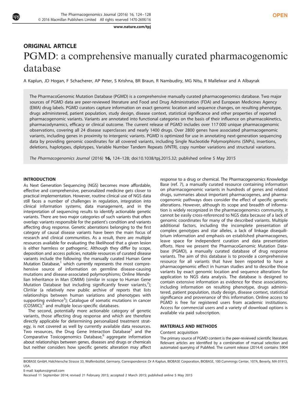 A Comprehensive Manually Curated Pharmacogenomic Database