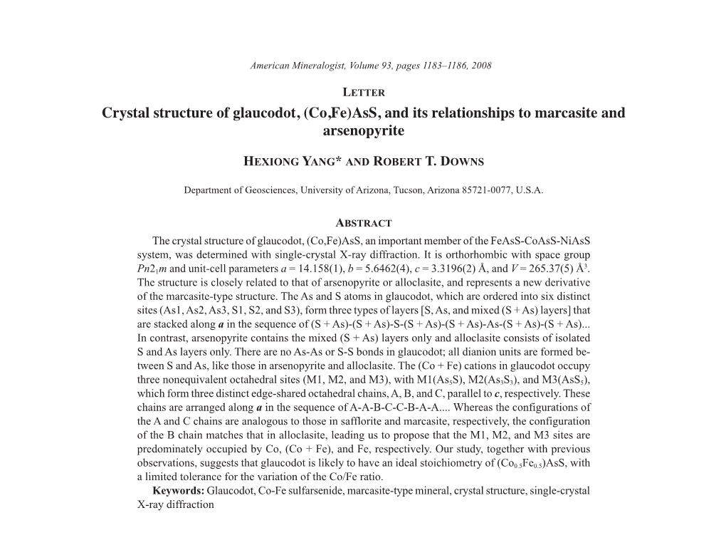 Crystal Structure of Glaucodot, (Co,Fe)Ass, and Its Relationships to Marcasite and Arsenopyrite