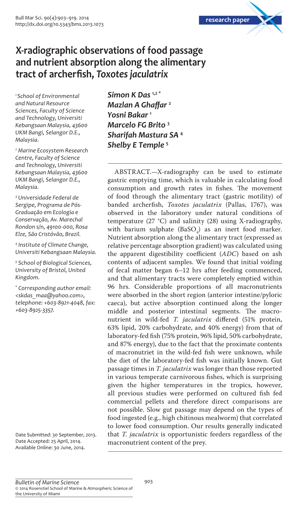 X-Radiographic Observations of Food Passage and Nutrient Absorption Along the Alimentary Tract of Archerfish, Toxotes Jaculatrix