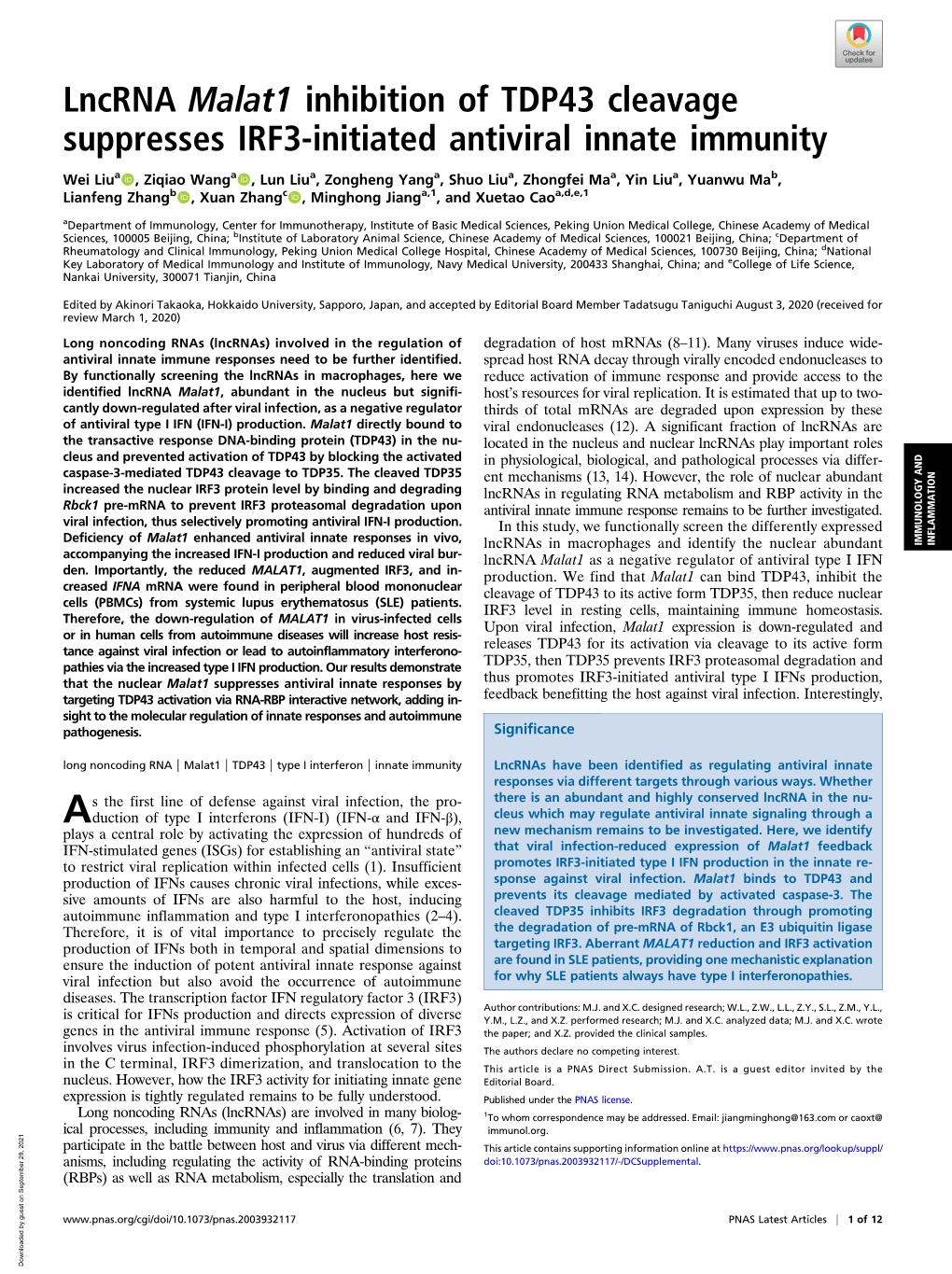 Lncrna Malat1 Inhibition of TDP43 Cleavage Suppresses IRF3-Initiated Antiviral Innate Immunity