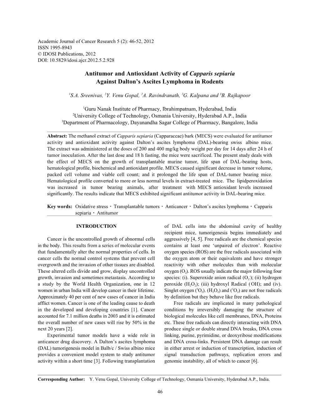 Antitumor and Antioxidant Activity of Capparis Sepiaria Against Dalton's