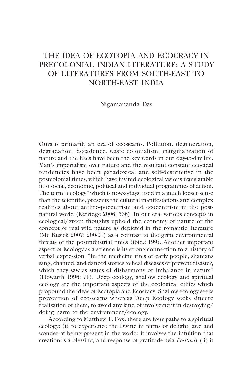 The Idea of Ecotopia and Ecocracy in Precolonial Indian Literature: a Study of Literatures from South-East to North-East India