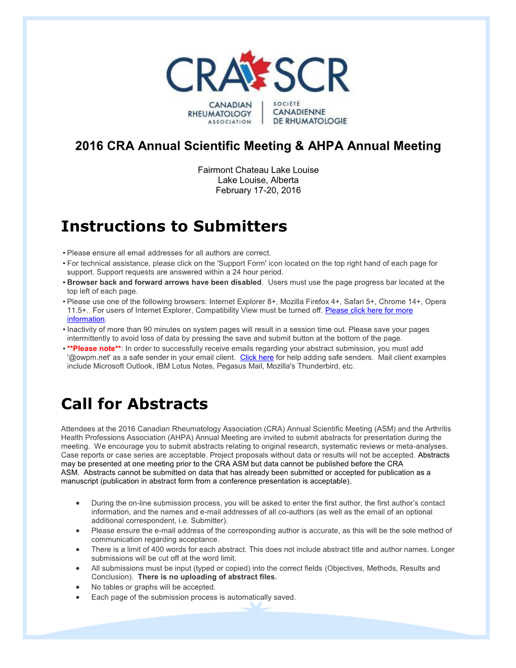 Instructions to Submitters Call for Abstracts