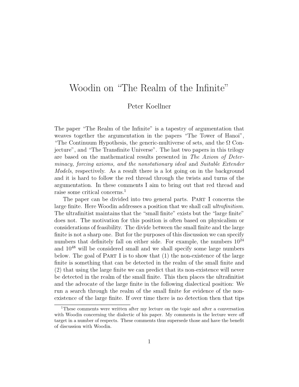 Woodin on “The Realm of the Infinite”