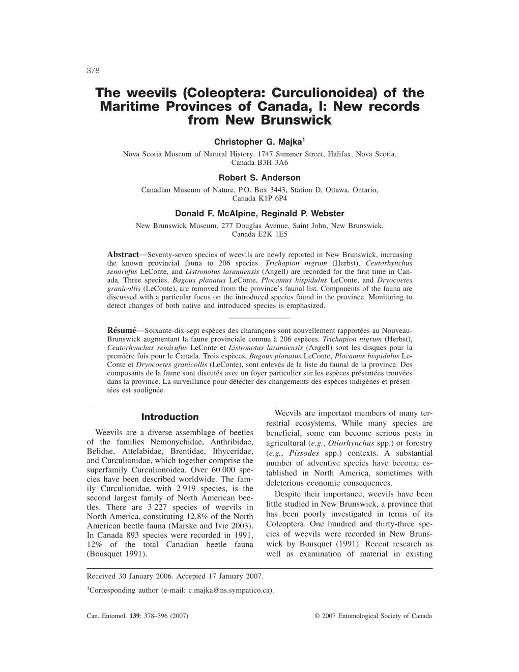 The Weevils (Coleoptera: Curculionoidea) of the Maritime Provinces of Canada, I: New Records from New Brunswick