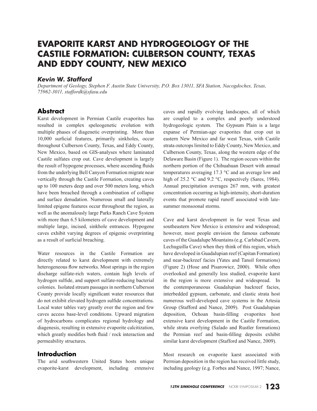 Evaporite Karst and Hydrogeology of the Castile Formation: Culberson County, Texas and Eddy County, New Mexico