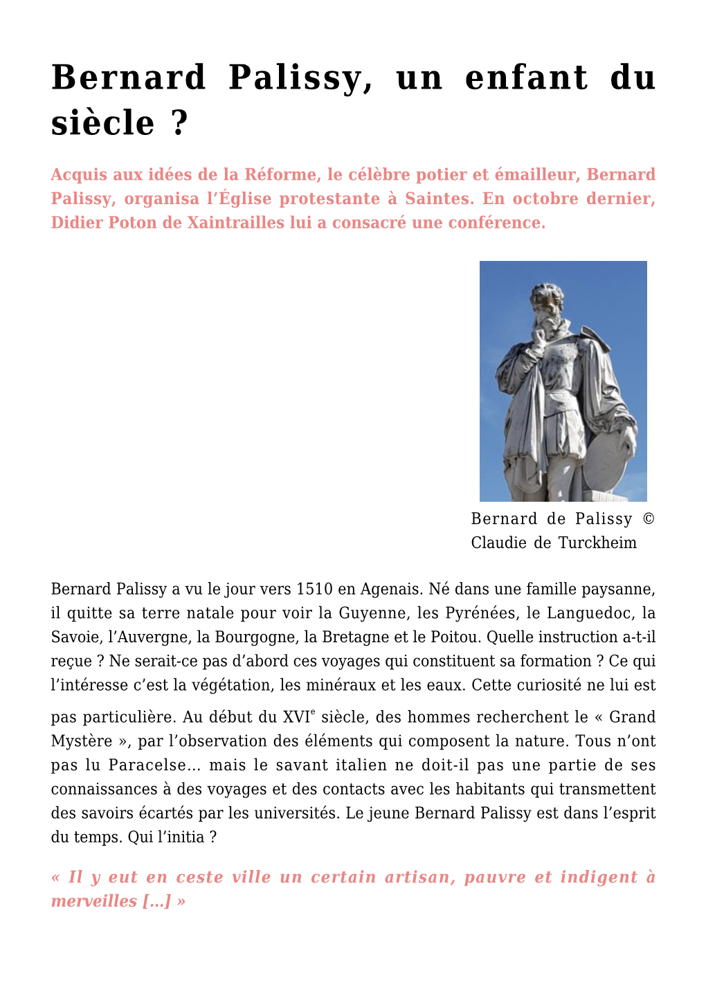 Bernard Palissy, Un Enfant Du Siècle ?